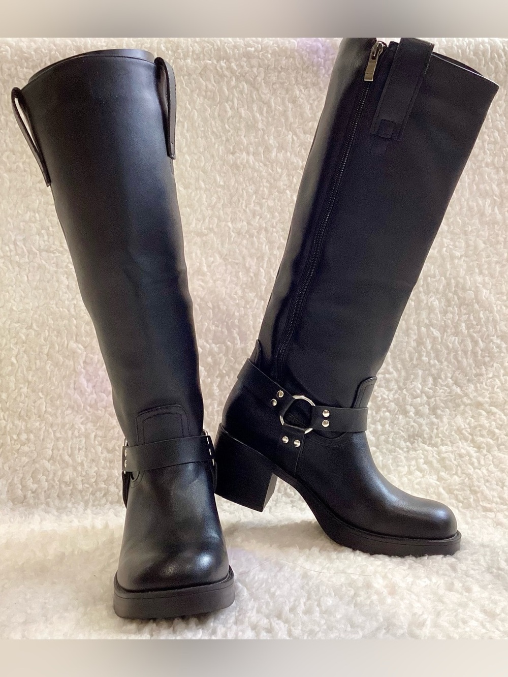 Stylish Black Women's Knee-High Riding Boots with silver Harness Detail